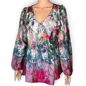 Sundance Womens 100% Silk Floral V-Neck Long Sleeve Blouse Top Multi Color M